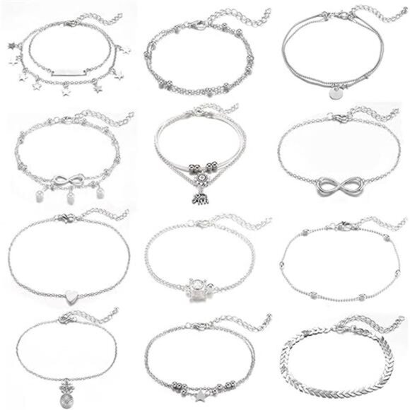 12pcs Women's Charm Anklet Set Gold Multilayer Adjustable Ankle Bracelets Boho - Picture 7 of 7